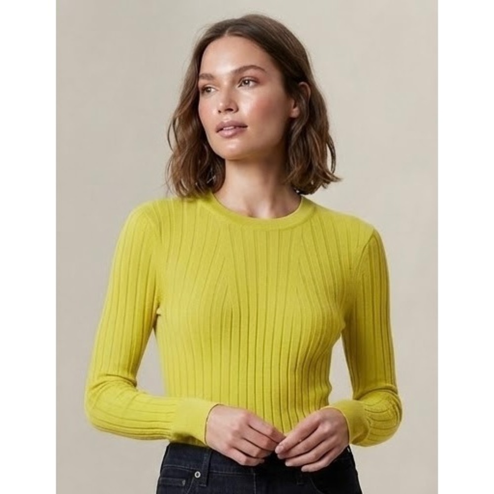 Banana Republic Womens Merino Wool Ribbed Crew Neck Sweater Lime Green S
